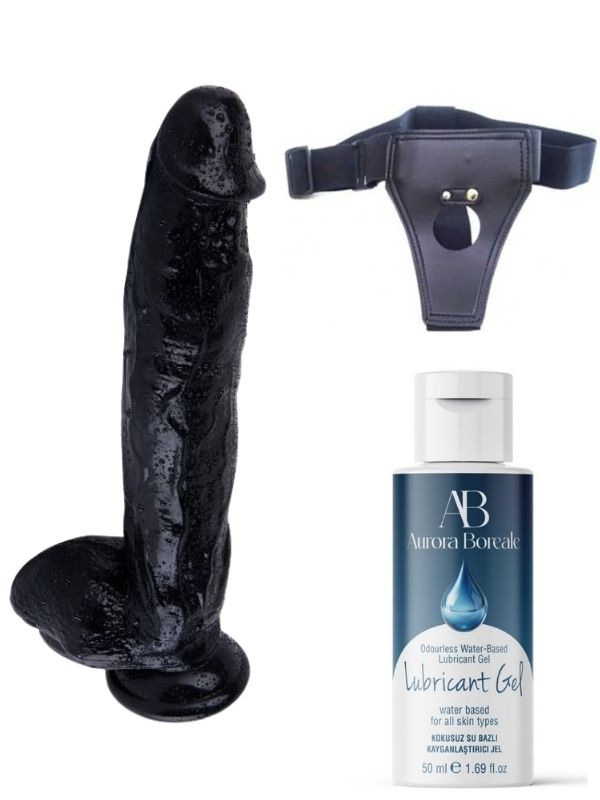 Censan Belden Bağlamalı Kayganlaştırıcı Set Noctis 32cm Siyah Dildo No:23